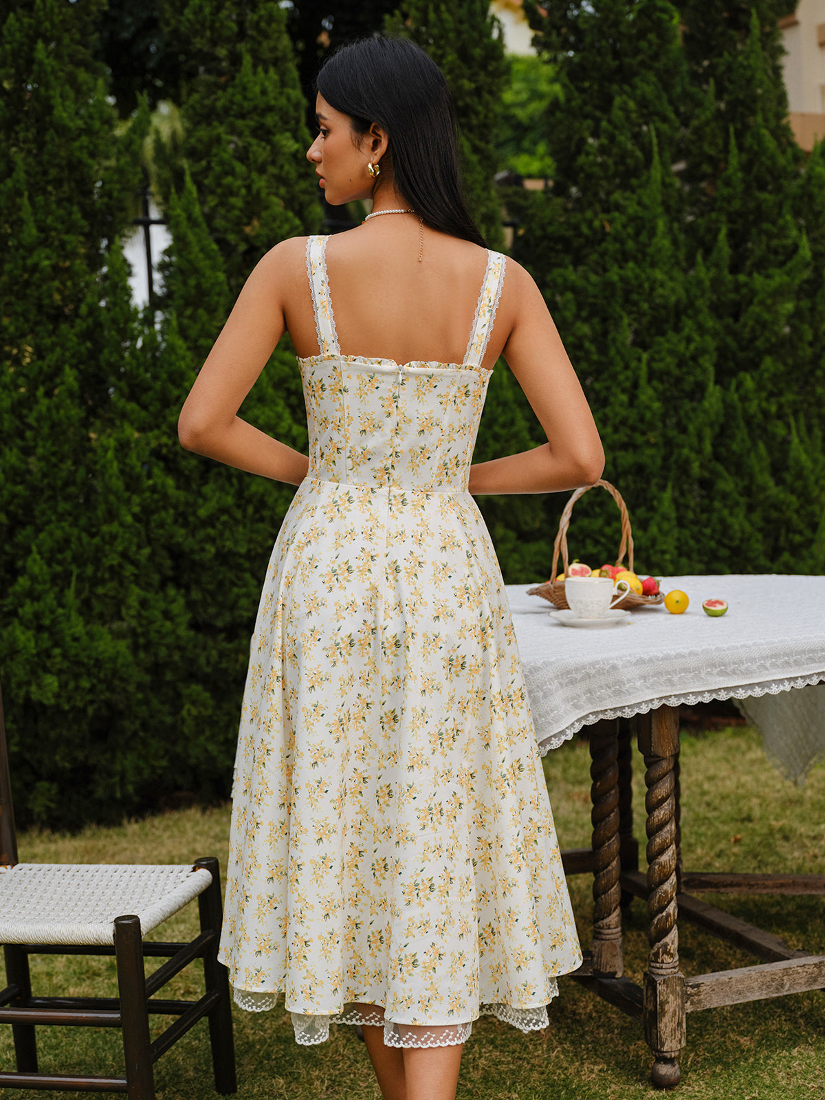 Floral Lace-Trim Tie-Front Dress