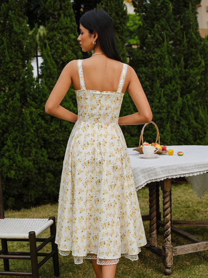 Floral Lace-Trim Tie-Front Dress