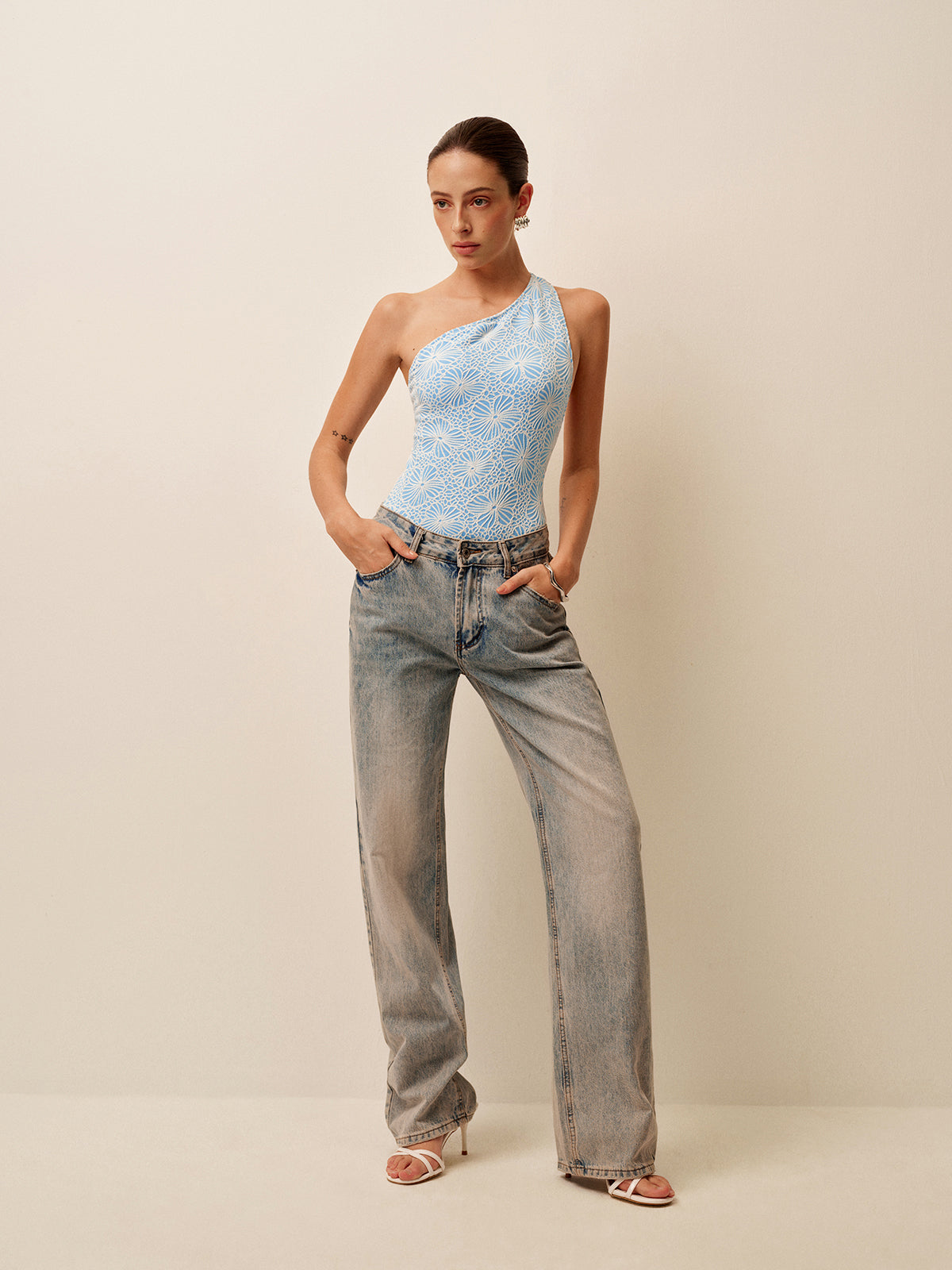 Asymmetrical Lace Cutout Back One-Piece