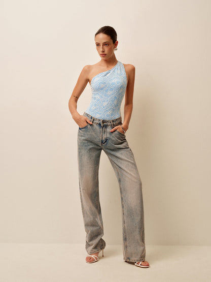 Asymmetrical Lace Cutout Back One-Piece