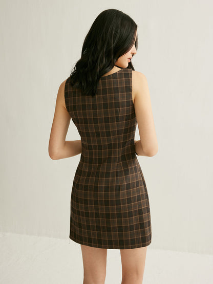 Checkerboard Knotted Sleeveless Short Dress