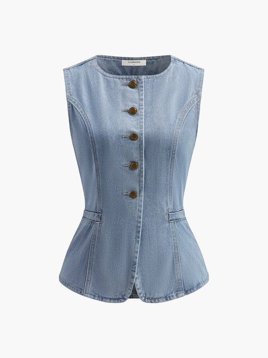 Sleeveless Button-Up Denim Vest