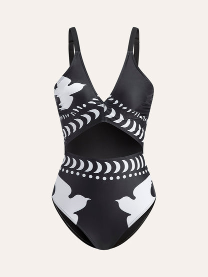 Bird Print Cutout One Piece Swimsuit