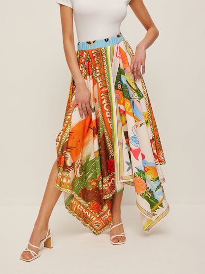 Printed Handkerchief Hem Skirt