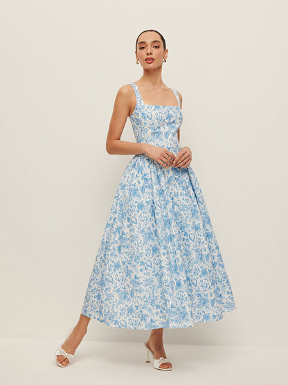 Square-Neck Printed Dress With Pockets