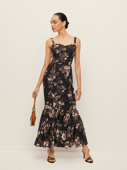 Chiffon Floral Ruffle Hem Dress