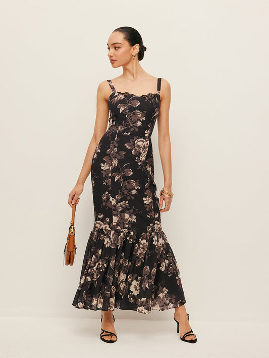 Chiffon Floral Ruffle Hem Dress