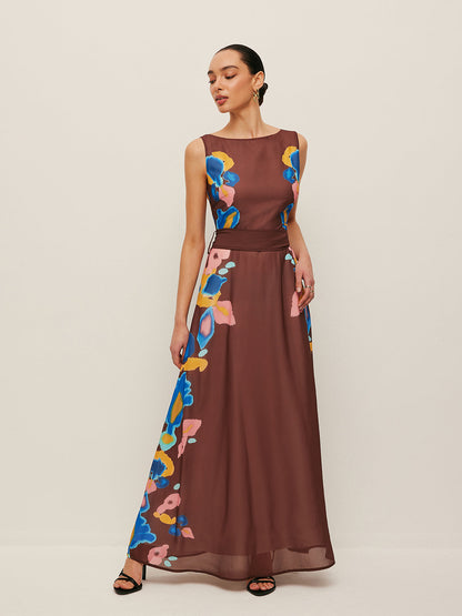 V-Back Bow Detail Printed Dress