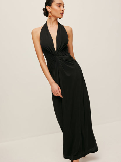 V-Neck Twist-Front Halter Dress