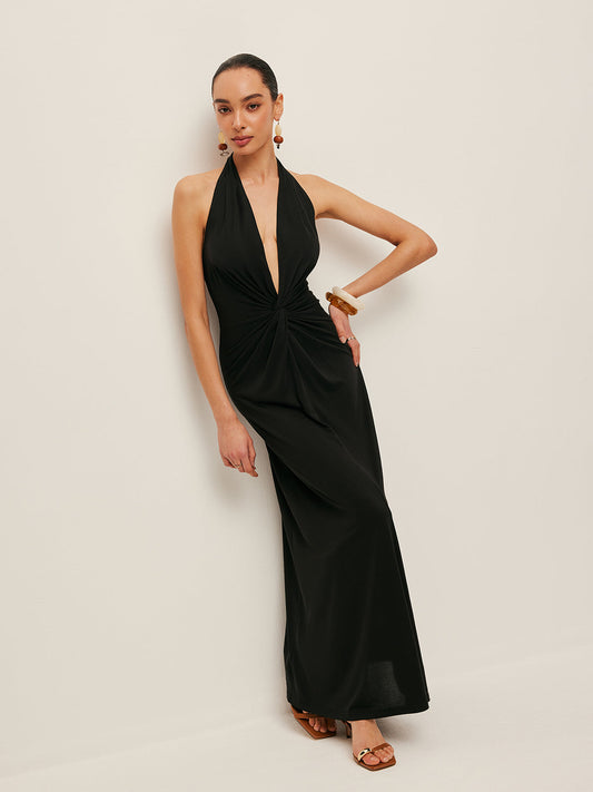 V-Neck Twist-Front Halter Dress