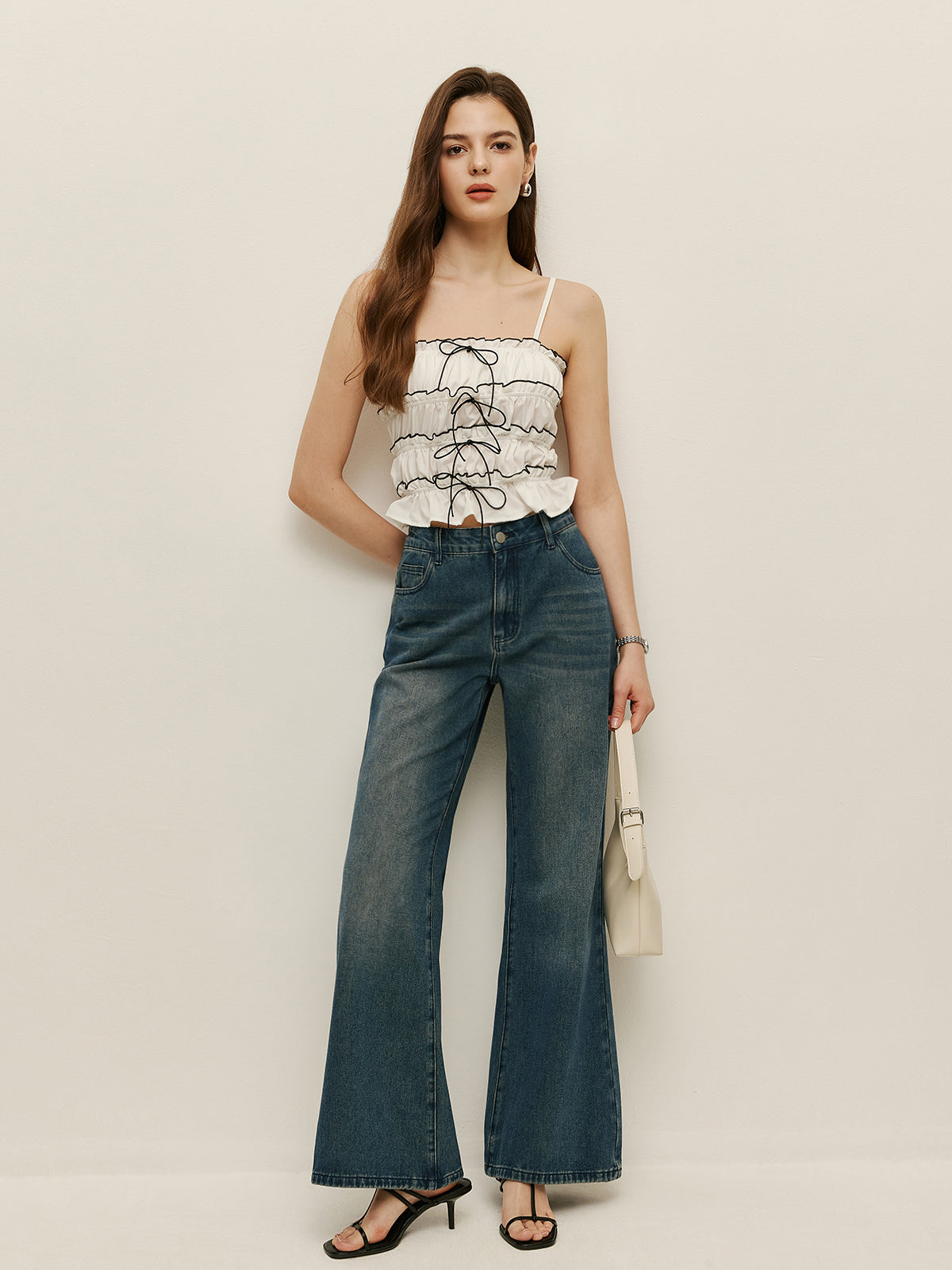 Ruched Contrast Trim Lace-Up Cami