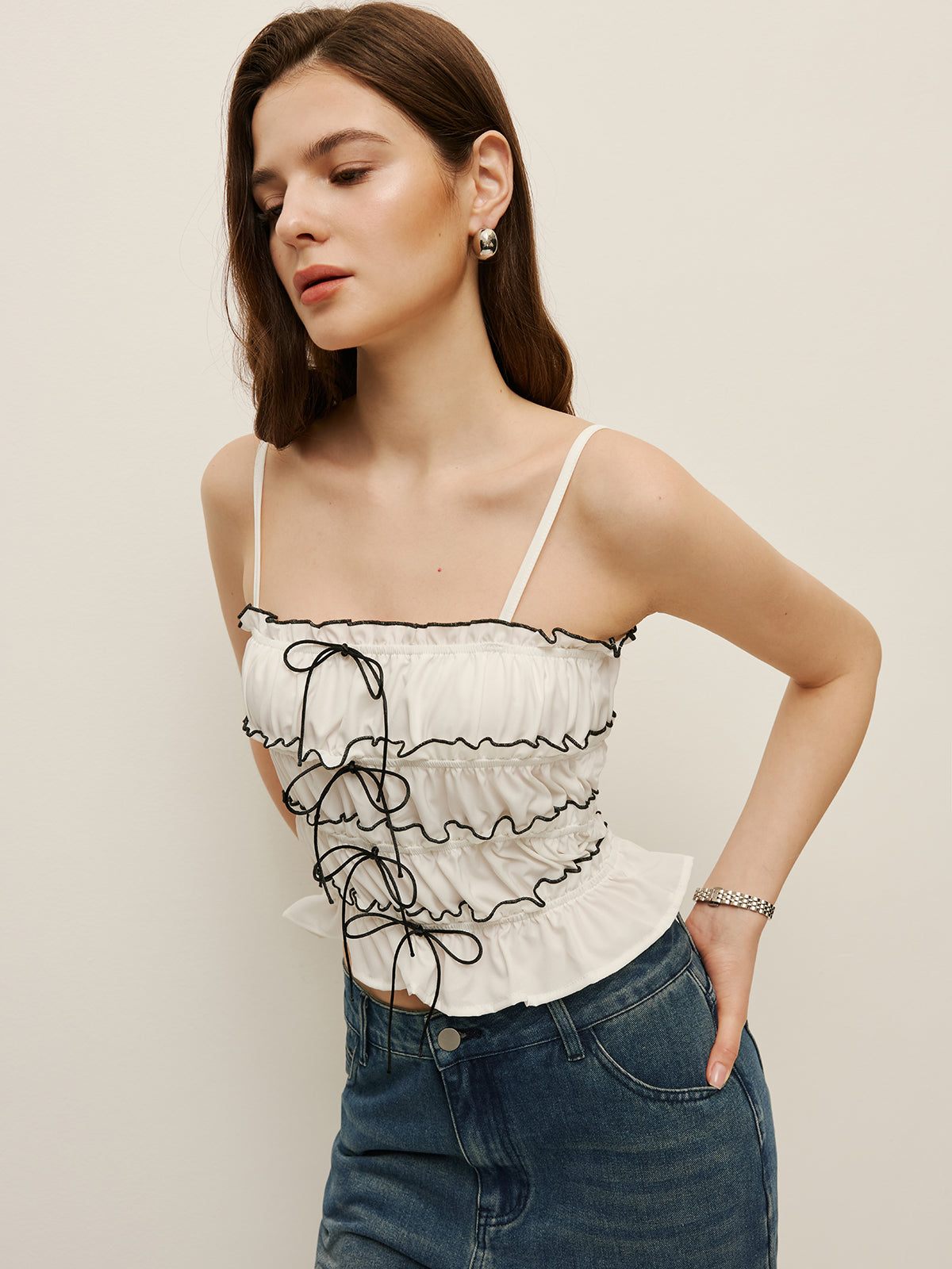 Ruched Contrast Trim Lace-Up Cami