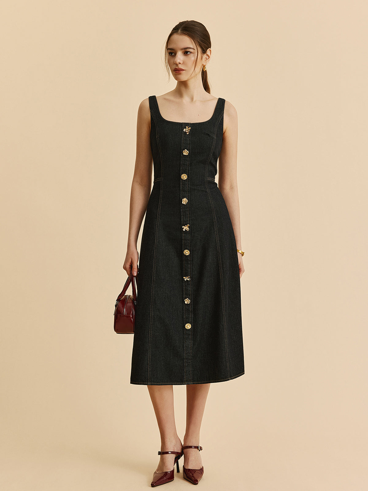 Square Neck Denim Button Dress