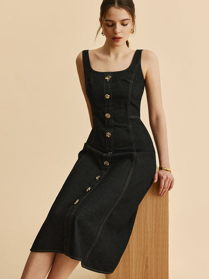 Square Neck Denim Button Dress