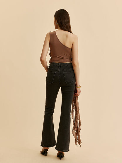 One-Shoulder Ruffled Rosette Detail Top
