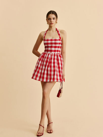 Plaid Halter Flare Dress