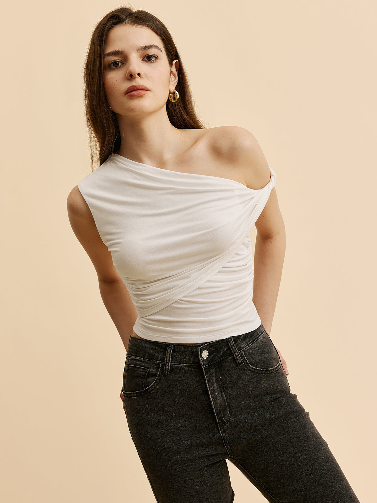 Asymmetrical Ruched One-Shoulder Top