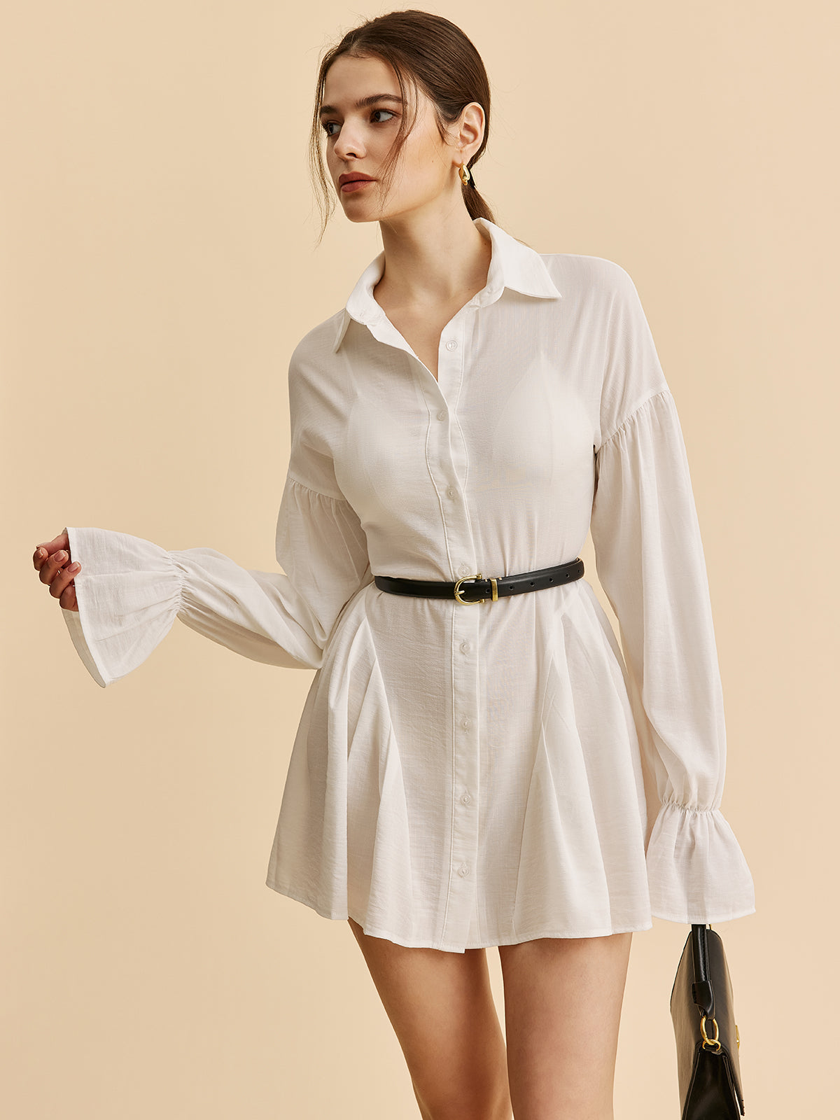 Semi-Sheer Balloon Sleeve Button-Up Shirt Dress
