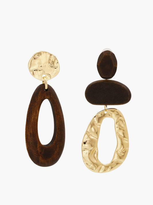 Asymmetrical Wood & Metal Drop Earrings