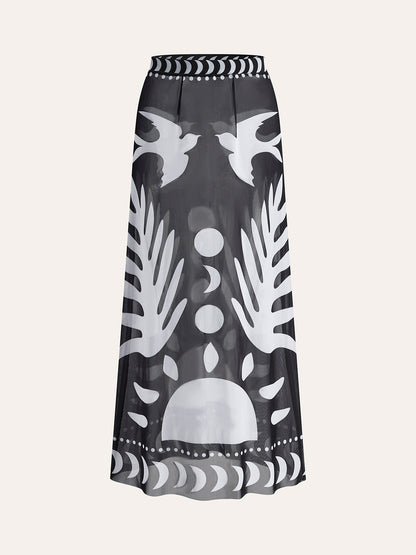 Bird Print Mesh Cover Up Maxi Skirt