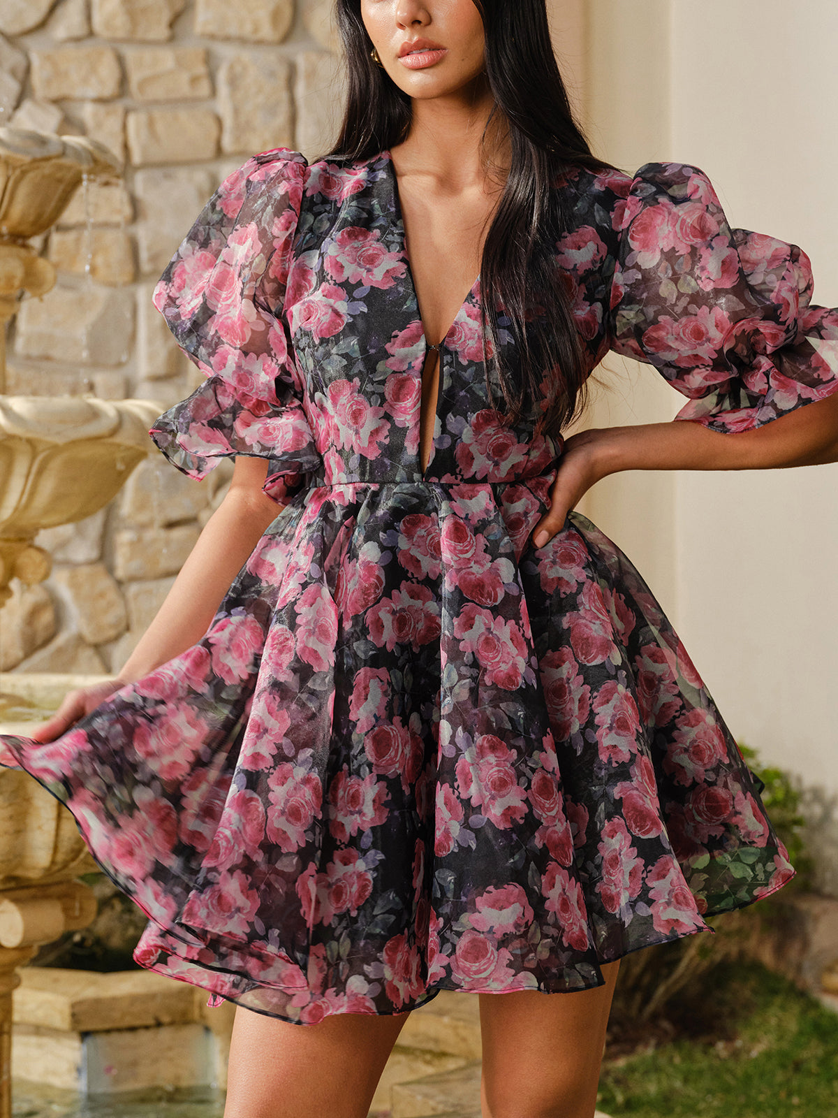Semi-Sheer Puff Sleeve Floral Dress