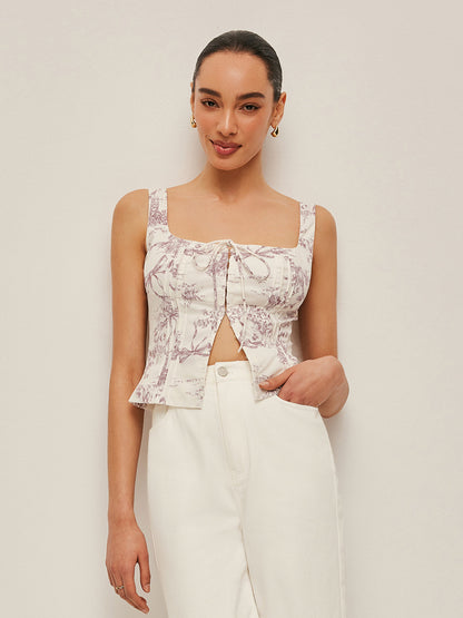 Printed Corset Top With Front Hook Closure