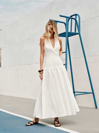 Cotton Halter V-Neck Backless Dress
