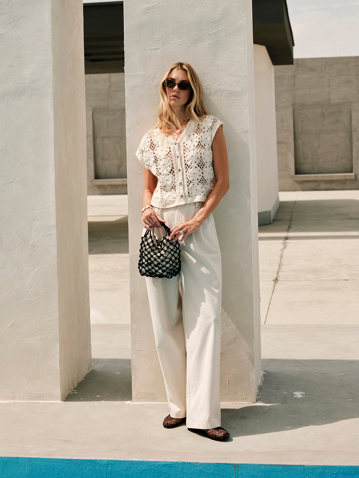 Semi-Sheer Jacquard Cut-Out V-Neck Tank Top