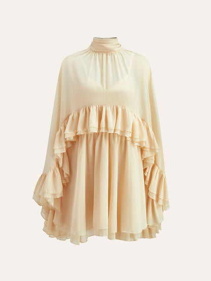 Semi-Sheer Chiffon Ruffle Dress With Outer Cape