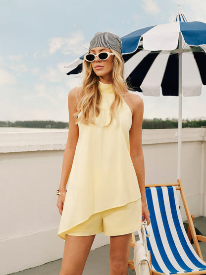 Button Asymmetrical Backless Shorts Set