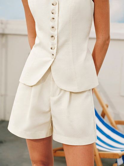 Cotton & Linen Button V-Neck Shorts Set