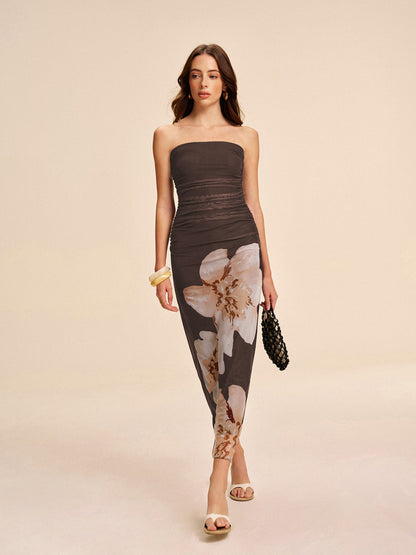 Semi-Sheer Strapless Ruched Floral Mesh Dress