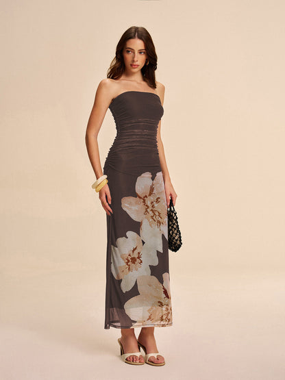 Semi-Sheer Strapless Ruched Floral Mesh Dress