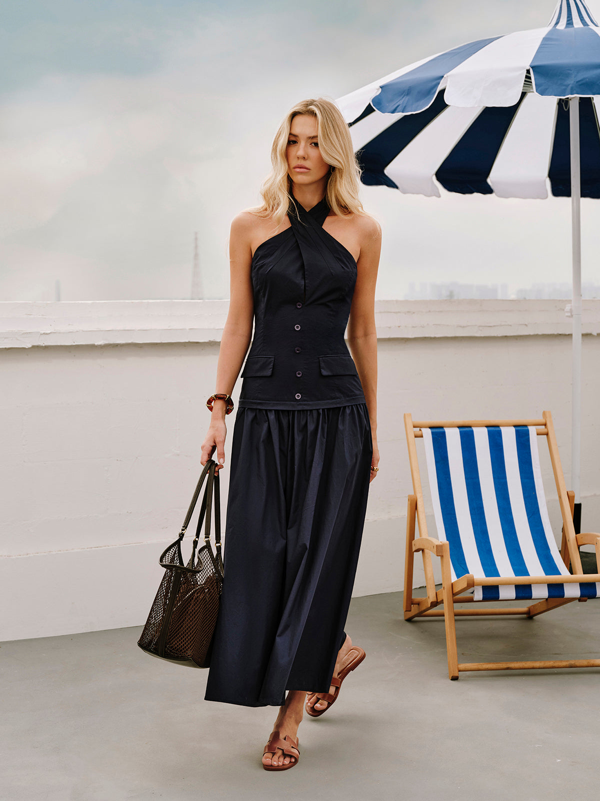 Halter Cross-Over Collar Zipper Decor-Pockets Dress