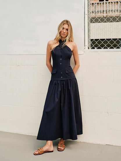 Halter Cross-Over Collar Zipper Decor-Pockets Dress