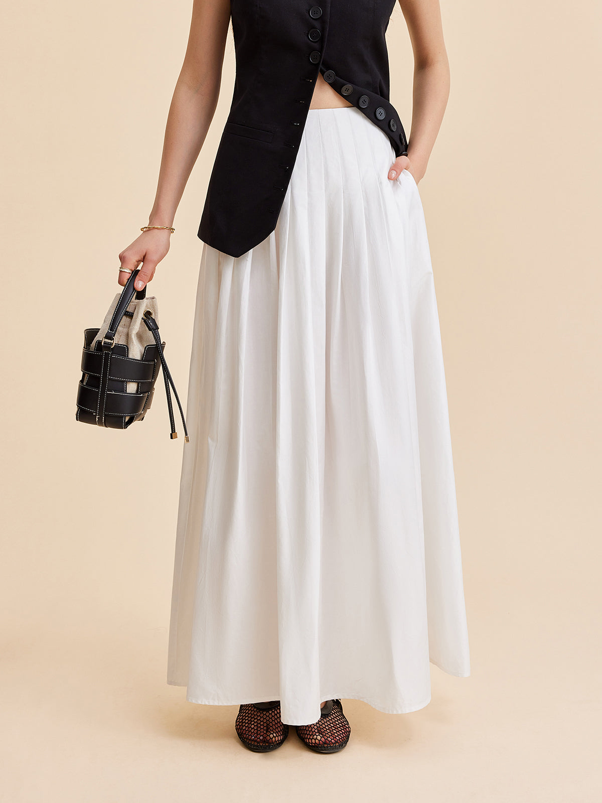 Pleated Cotton A-Line Skirt