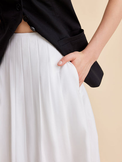 Pleated Cotton A-Line Skirt