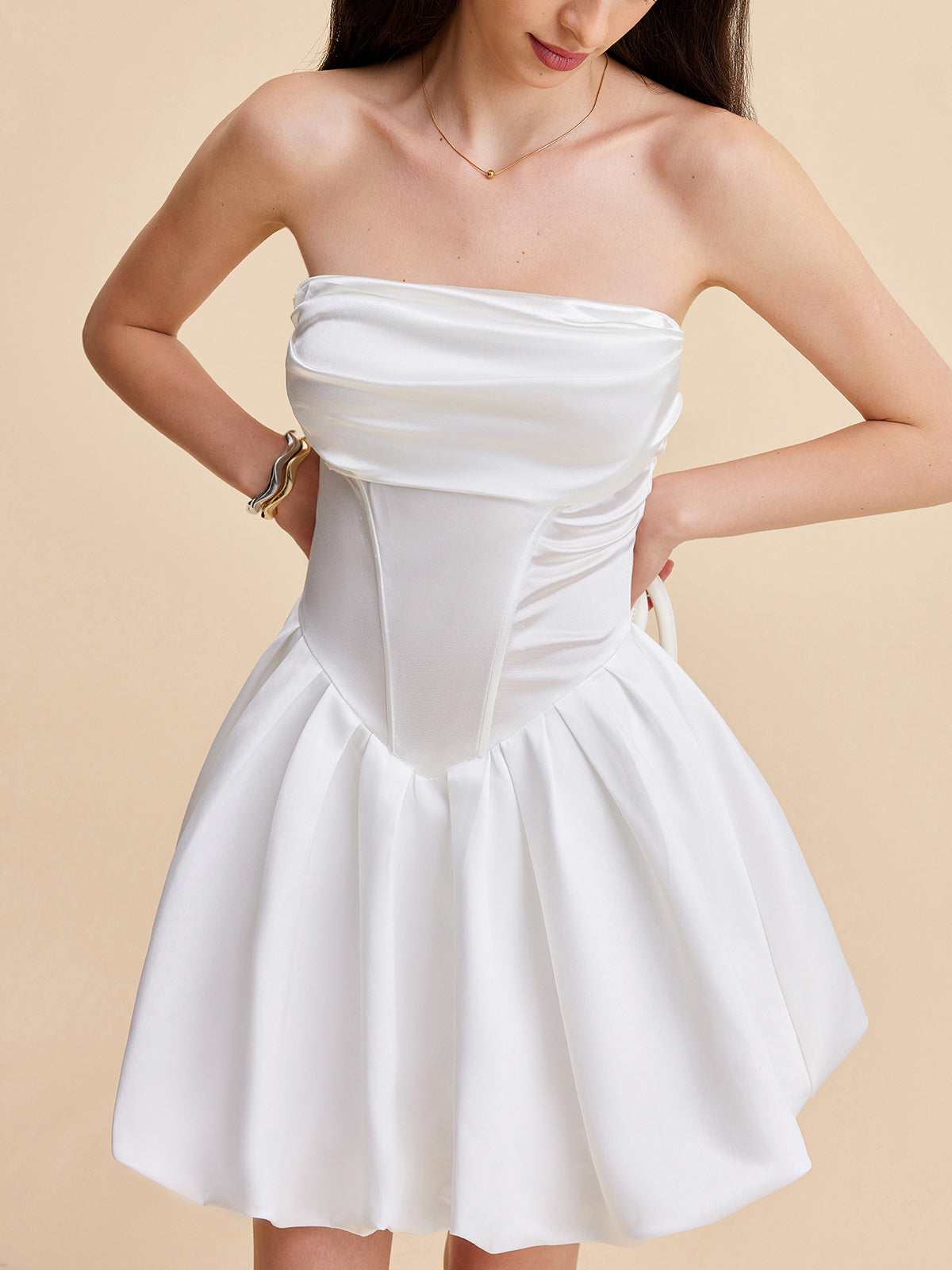 Semi-Sheer Satin Strapless Bubble Dress