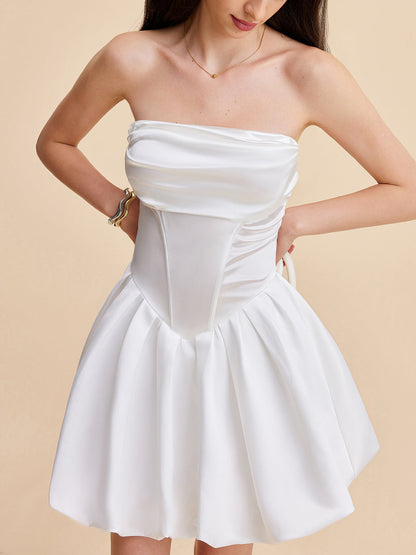 Semi-Sheer Satin Strapless Bubble Dress