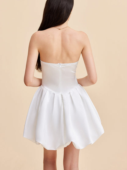 Semi-Sheer Satin Strapless Bubble Dress