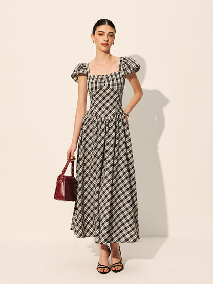 Checkerboard Puff Sleeve Dress