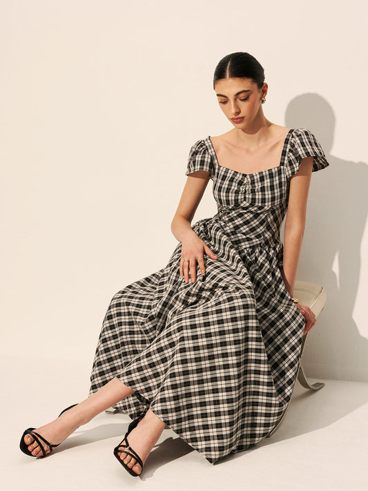 Checkerboard Puff Sleeve Dress