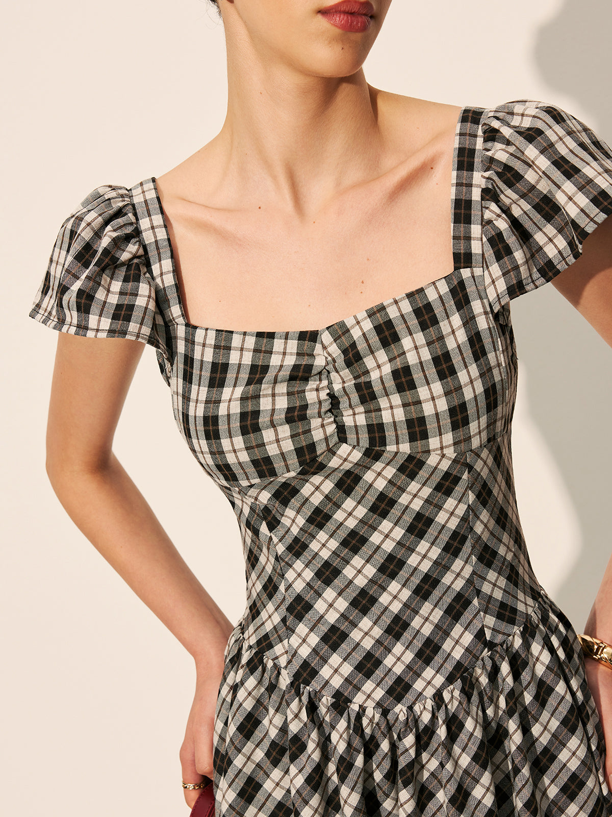Checkerboard Puff Sleeve Dress