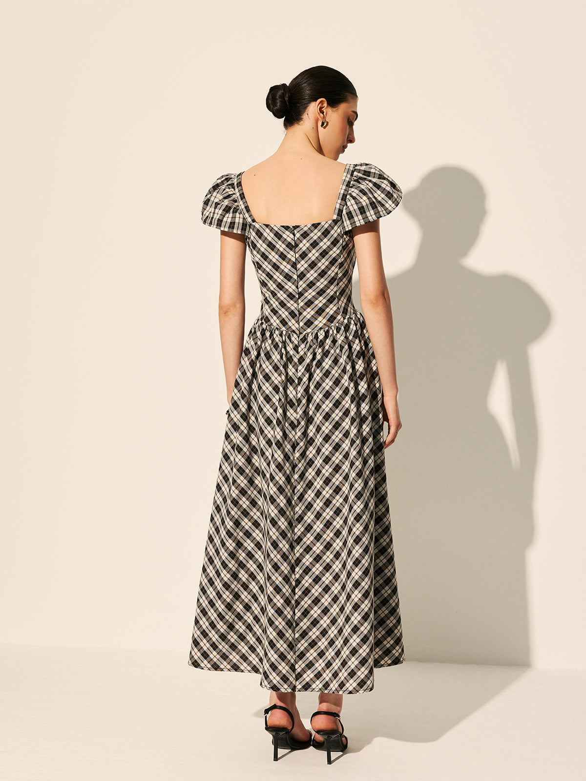 Checkerboard Puff Sleeve Dress
