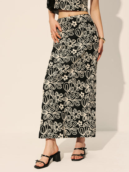 Embroidered Floral Split Skirt