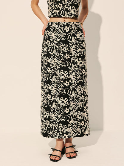Embroidered Floral Split Skirt