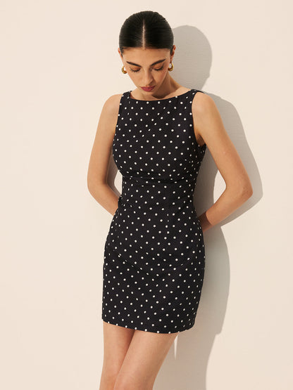 Polka Dot Zipper Crew Neck Short Dress