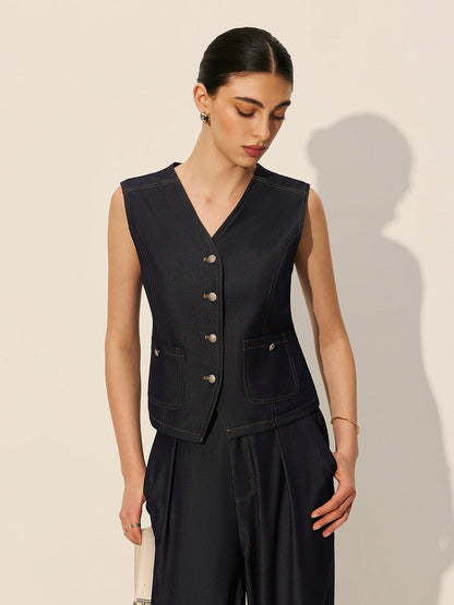 Denim Pockets Buttoned Vest