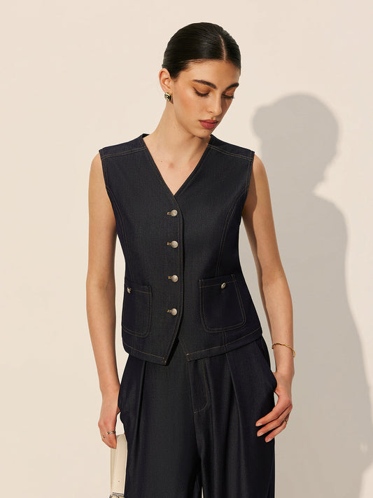 Denim Pockets Buttoned Vest
