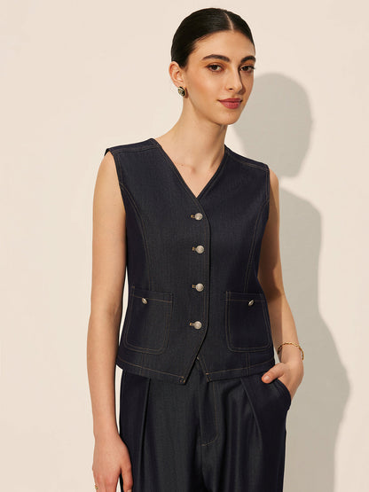 Denim Pockets Buttoned Vest